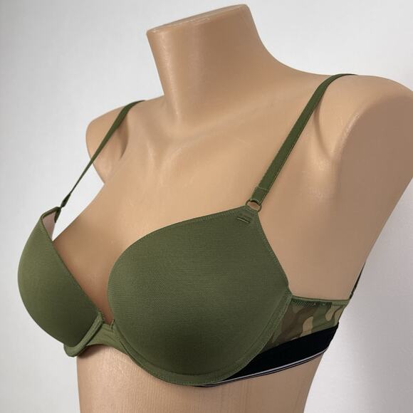 Pink Victoria's Secret Wear Everywhere Push Up Bra Size 32C Bombshell Camo Green - Picture 1 of 8